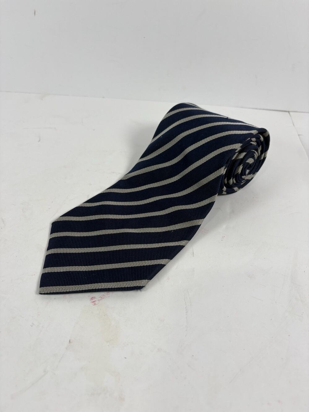 XMI Nordstrom Mens Silk Tie Navy Blue Silver Stripe Hand Sewn USA Necktie